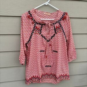 Just Funky Boho Red Printed Tassel Peasant Blouse Size Small